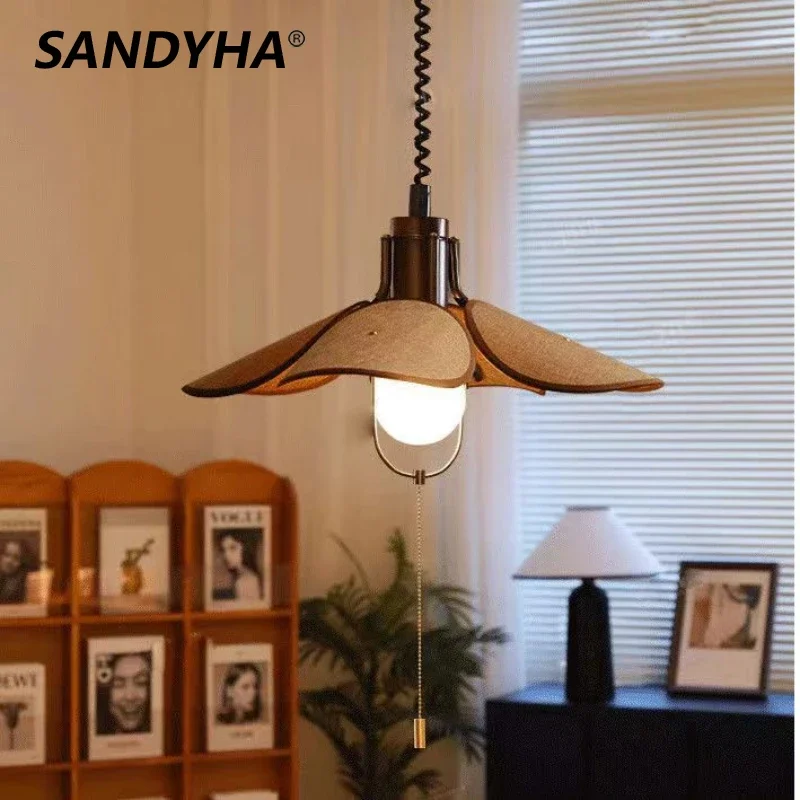 

Retro Wood Pendant Light Blown Telescopic Ceiling Lamp Home Decor Dining Table Bar Counter Bedroom Small Led Hanging Lighting