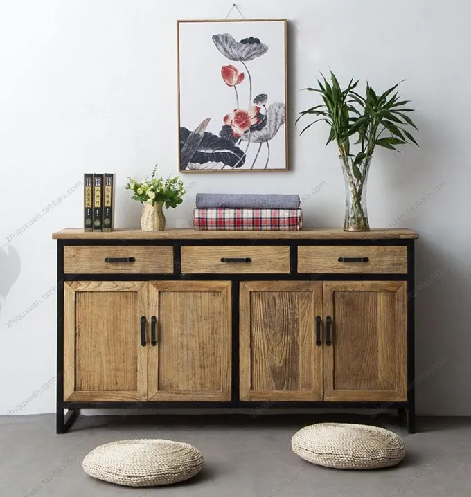 

Solid wood side cabinet retro old chest cabinet simple wrought iron locker creative industrial style office side cabinet