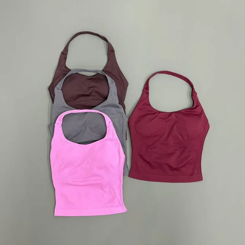 Yoga Tank Top Women Seamless Strappy Open Back Longline Halter Sports Bra Comfortable Stretch Workout Gym Running Fitness Top image 2