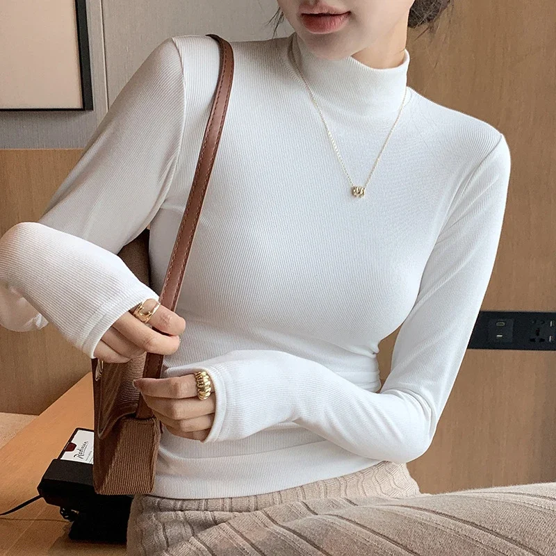 Women Autumn Half Turtleneck Sweater Ribbed Long Sleeve Knitted Basic Solid Pullover Sweater Female Winter Soft Slim Jumpers Top