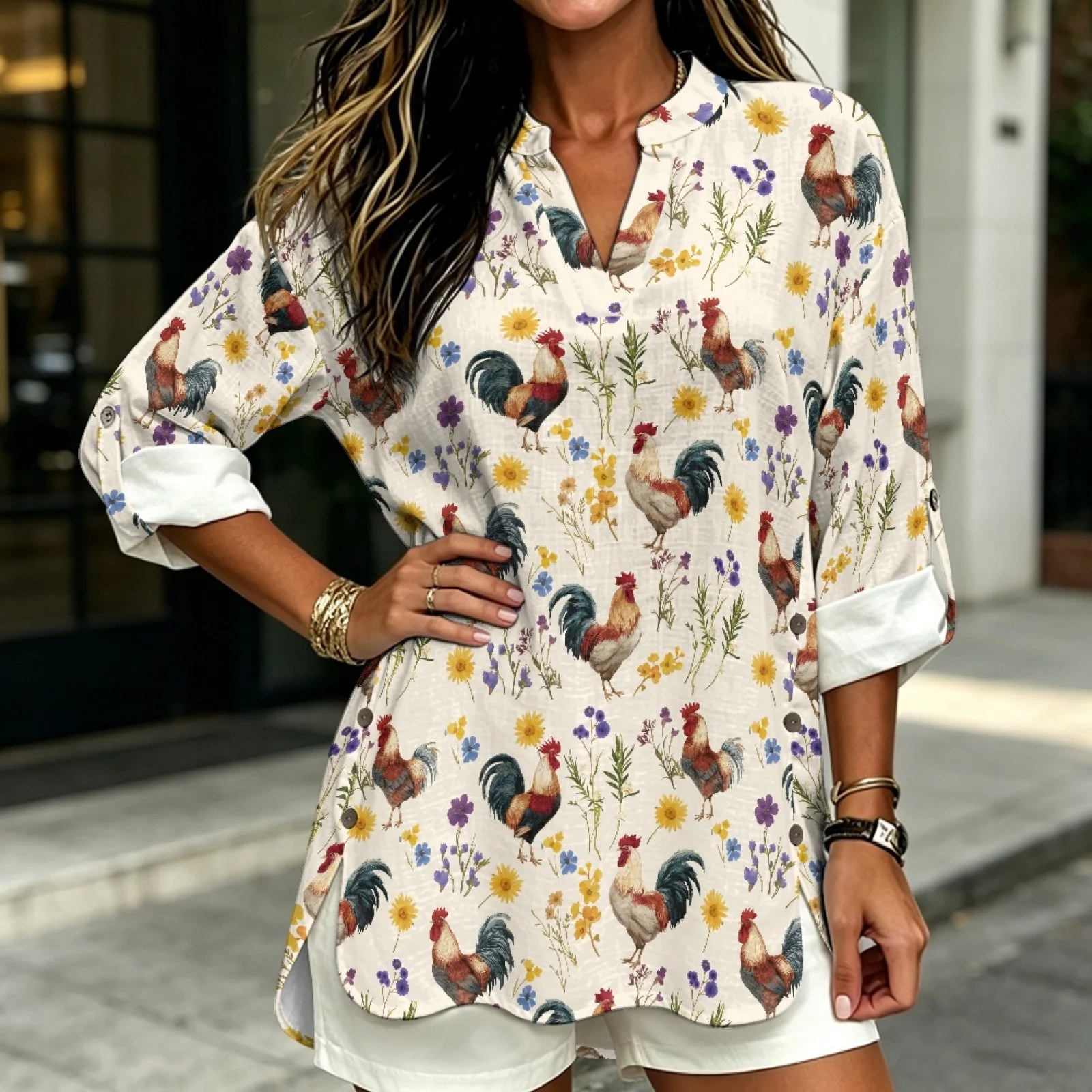 PENSTROLL Roosters Wildflowers Side Slit Hem Casual Blouses for Womens Linen Like Women's Long Sleeve Shirts Long Sleeve Tops
