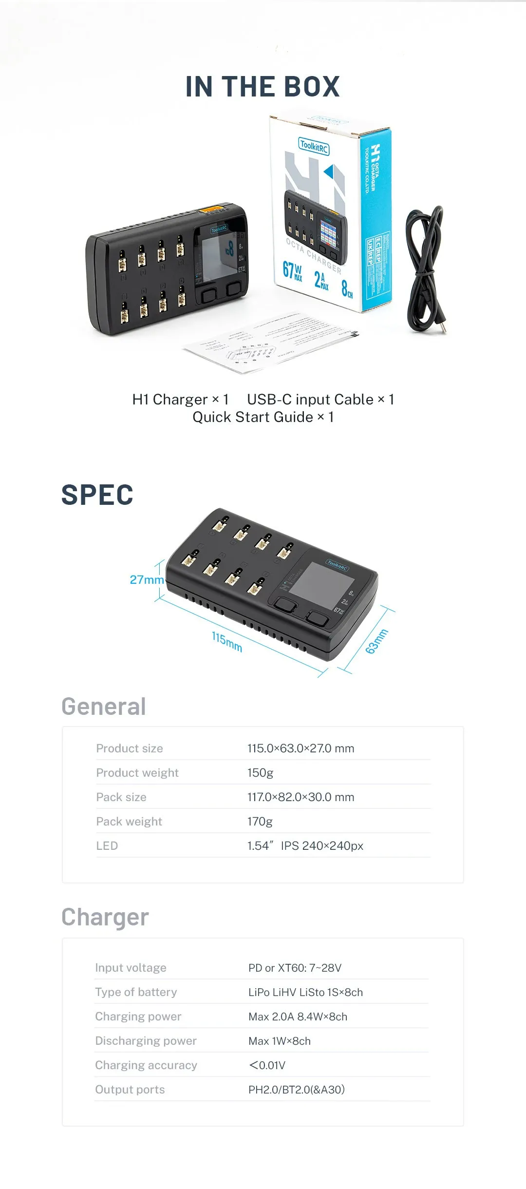 ToolkitRC H1 1S Ladegerät, PD 78W Max 2A 8 CH PD DC Dual-Eingang Unterstützt PH2.0 BT2.0 A30, LiPo LiHV LiFe für FPV Tiny Whoop RC Drohne – Detail 2