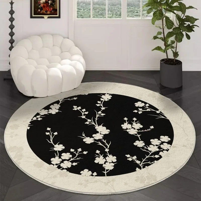 Black & White Round Rug – Floral Geometric Art Pattern, Elegant Luxury Soft Durable Floor Decor for Living Room