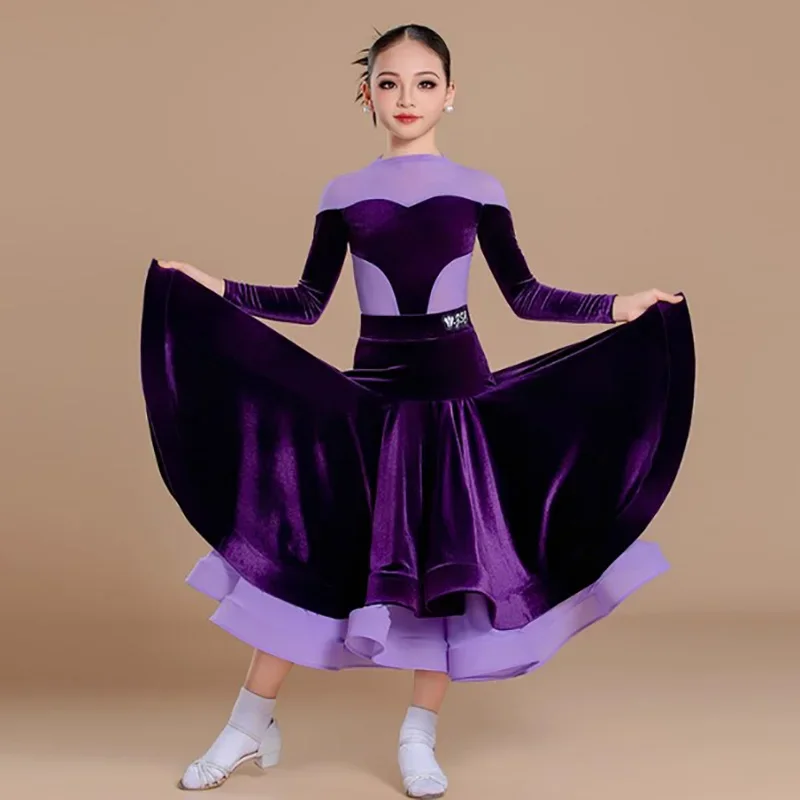 Kids Girls Velvet Mesh Waltz Ballroom Professional Costumes Long Sleeve Jumpsuit and Large Skirts Modern Dancing Clothes