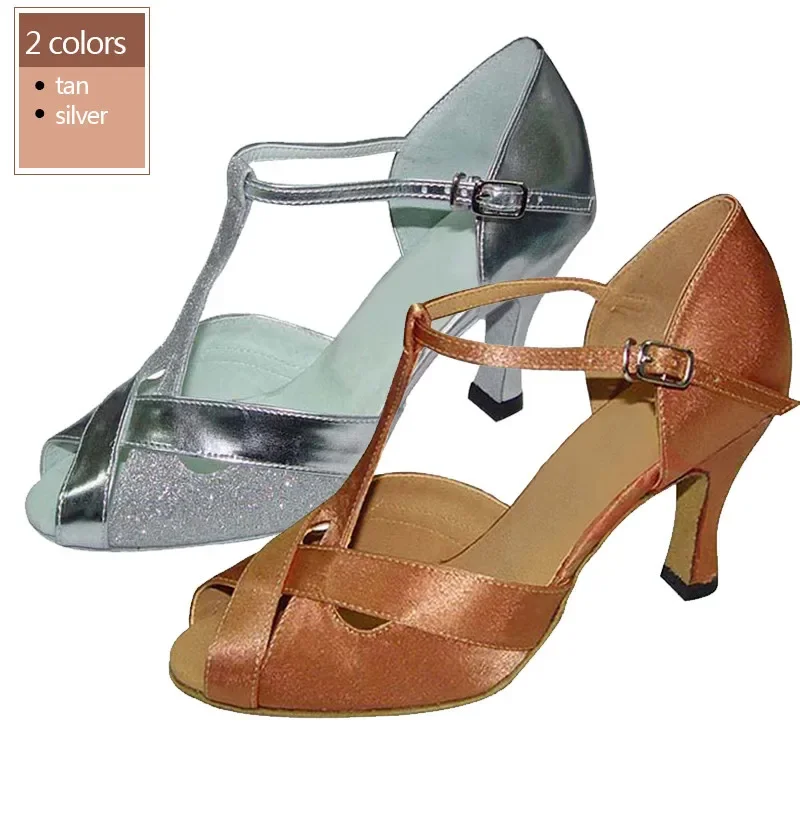 Evkoodance raso o Pu materiale lucido scarpe da ballo per le donne 7cm tacco marrone chiaro latino scarpe Color nastro fai da te Evkoo-079 scarpe da