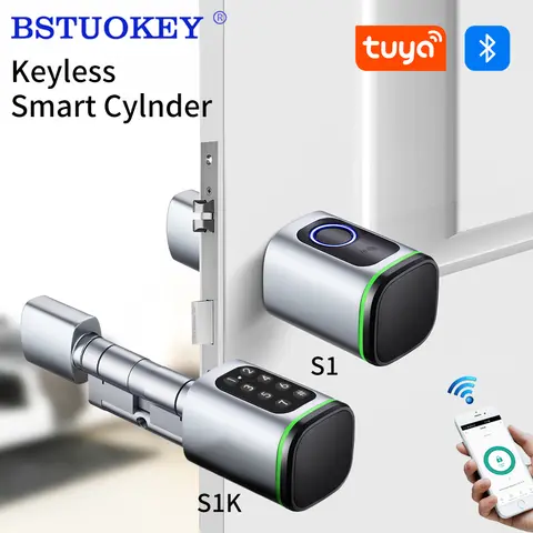 Tuya BLE 키리스 스마트 잠금 실린더, M1 Tuya 게이트웨이 기계식 키 및 USB 비상 전원 공급 장치, 지문 및 PIN 코드 지원