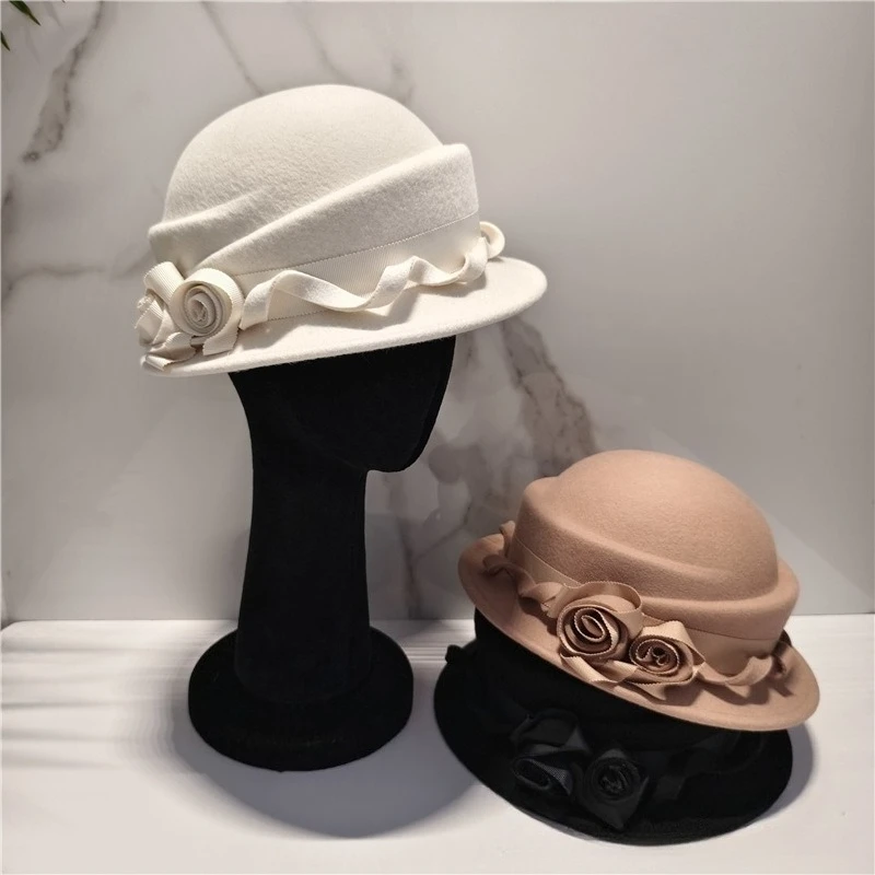 black-white-wool-french-beret-wide-brim-fedora-hats-for-women-elegant-church-hats-big-flower-ladies-wedding-tea-party-hat-ken