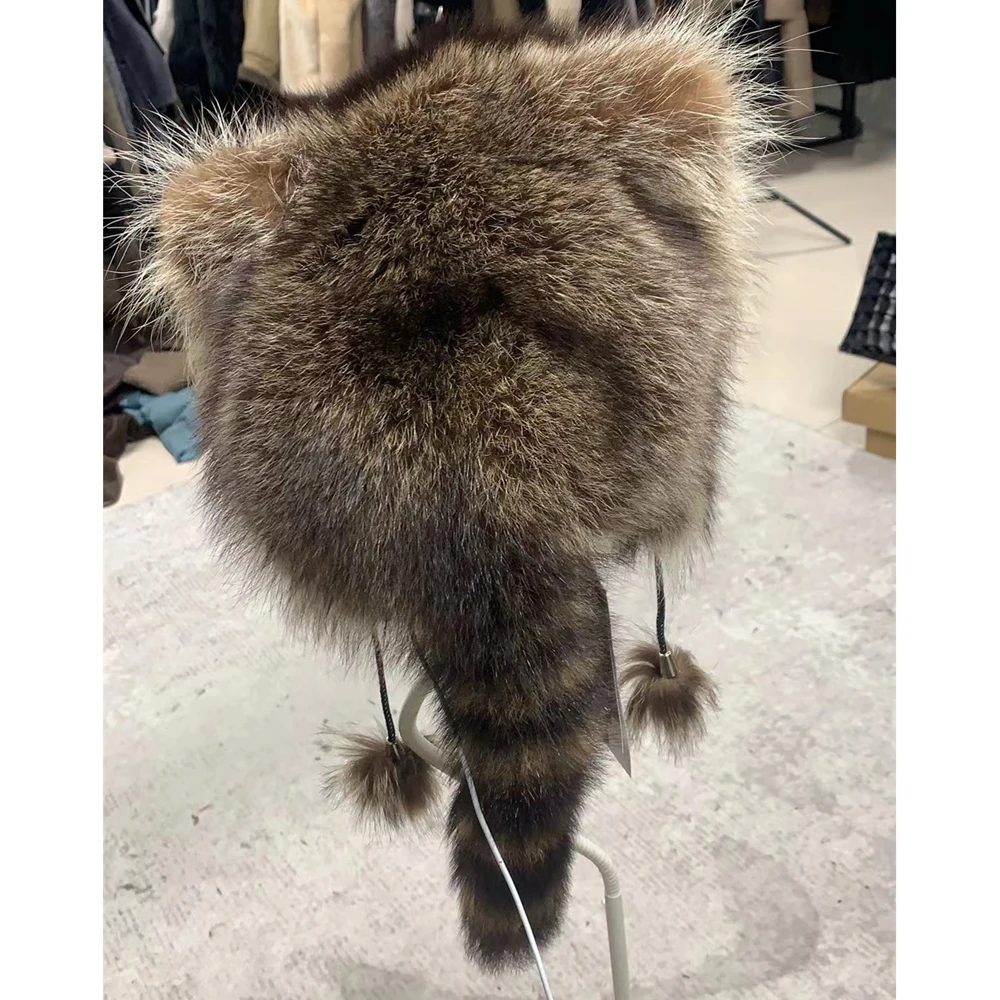 2024 New Women Real Racoon Dog Fur Cap Luhayesa Fluffy Genuine Leather Real Fur Hat