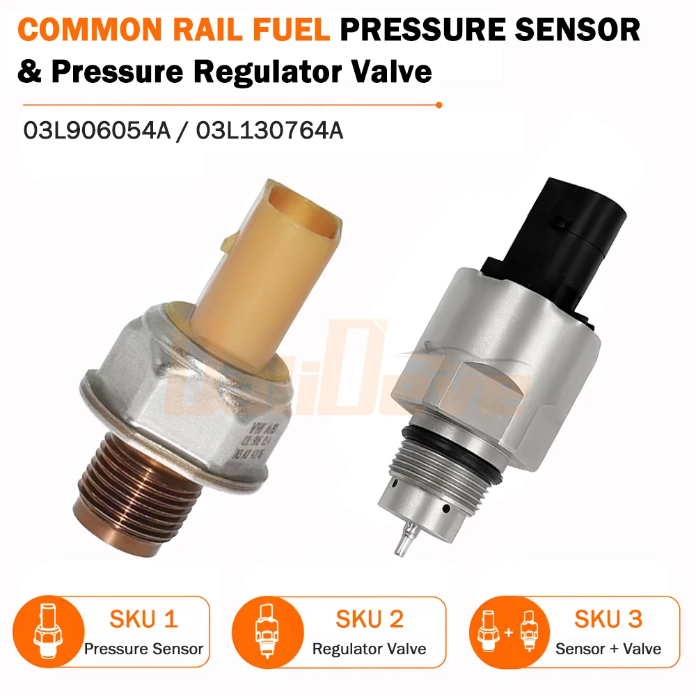 03L906054A Fuel Rail Pressure Sensor 03L130764A Fuel Pressure Regulator Valve Kit for VW Audi Skoda SEAT 1.6 TDI 1600 Bar