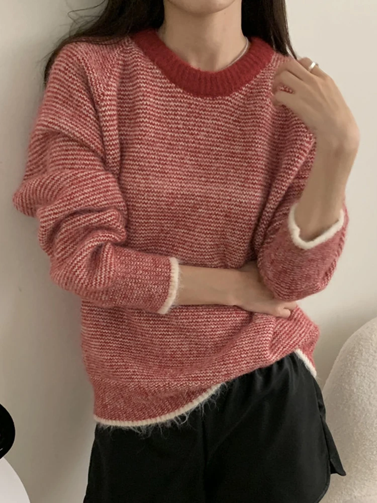 

Vintage Red Striped Sweater Women Crew Neck Long Sleeve Knitted Tops Loose Casual Fashion Pullovers Jumper Female 2024 New