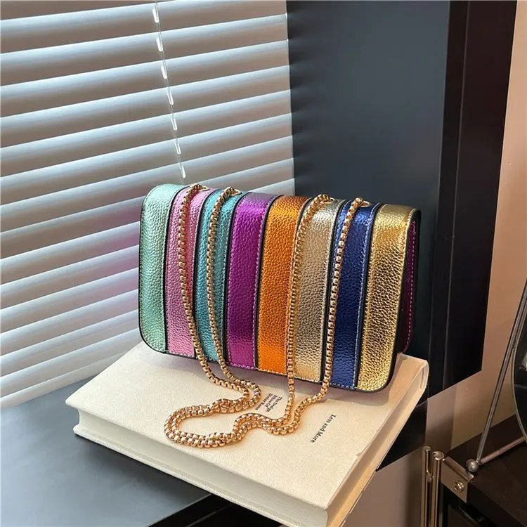 

2025 New Korean-Style Women's Bag - Rainbow Stripe Contrast Stitching, Trendy Chain Shoulder/Crossbody Bag