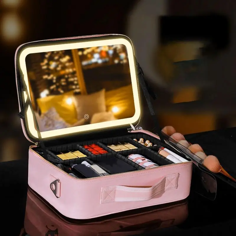 LED Makeup Bag With Mirror Light PU Leather Make Up Traveling Organizer Bag Makeup Case Organizer For Girls Women Birthday Gift