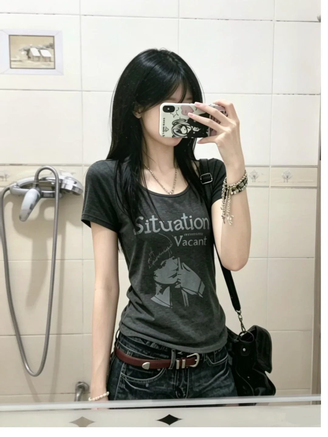 Retro American Grey Rock Portrait Short Sleeve T-Shirt Women's Summer Design Slimming Large U-Neck Correct Shoulder Top