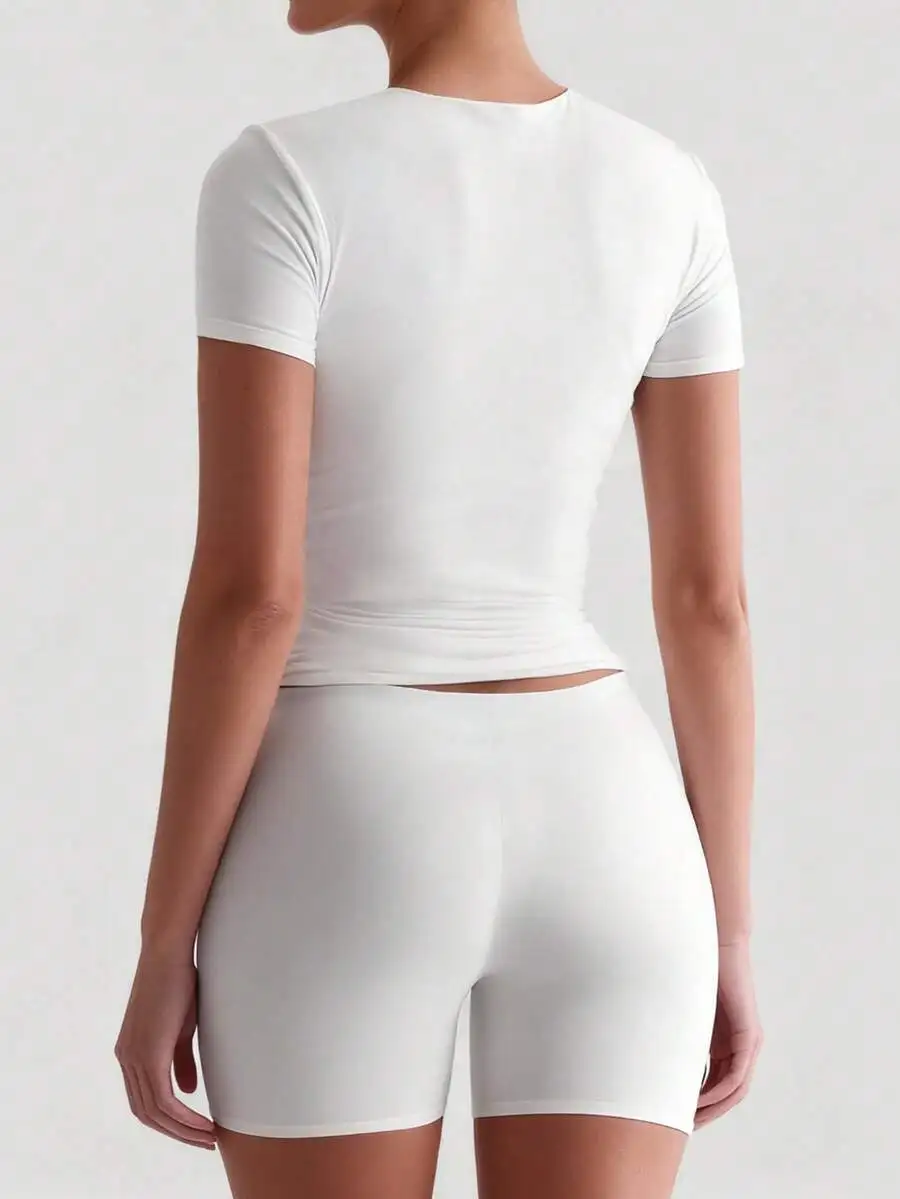 Camiseta Blanca de Manga Corta para Mujer, Corte Ajustado, para Verano, Uso Casual o Deportivo