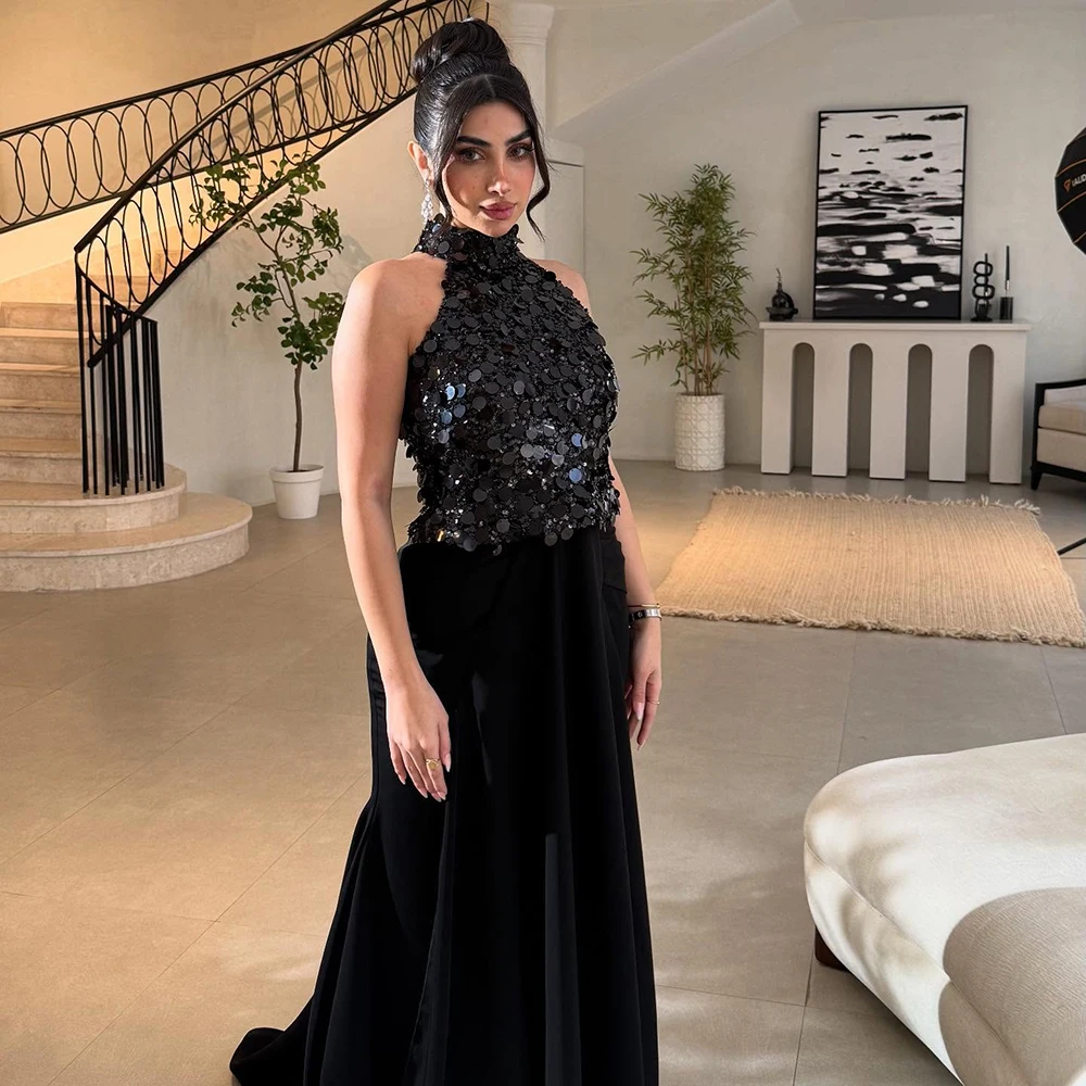 

Customizde High Neck Black Jersey Evening Dress With Sparkly Sequined Sleeveless Party Gown Sweep Train Floor Length Prom Gown