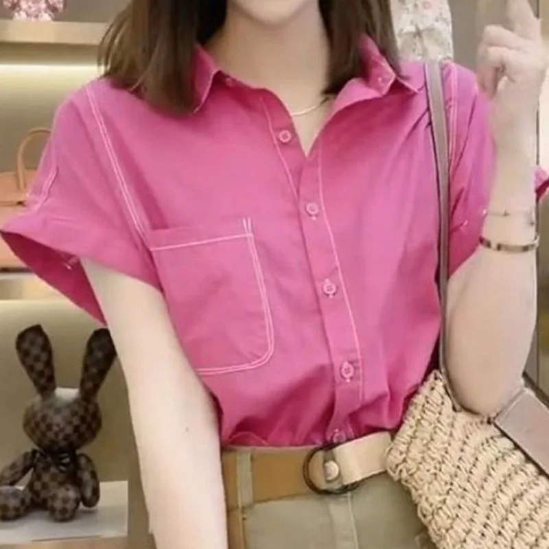 

Summer New Polo Neck Preppy Style Loose Blouse Short Sleeve Solid Pocket Patchwork Fashion Shirt Tops Casual Trend Women Clothes