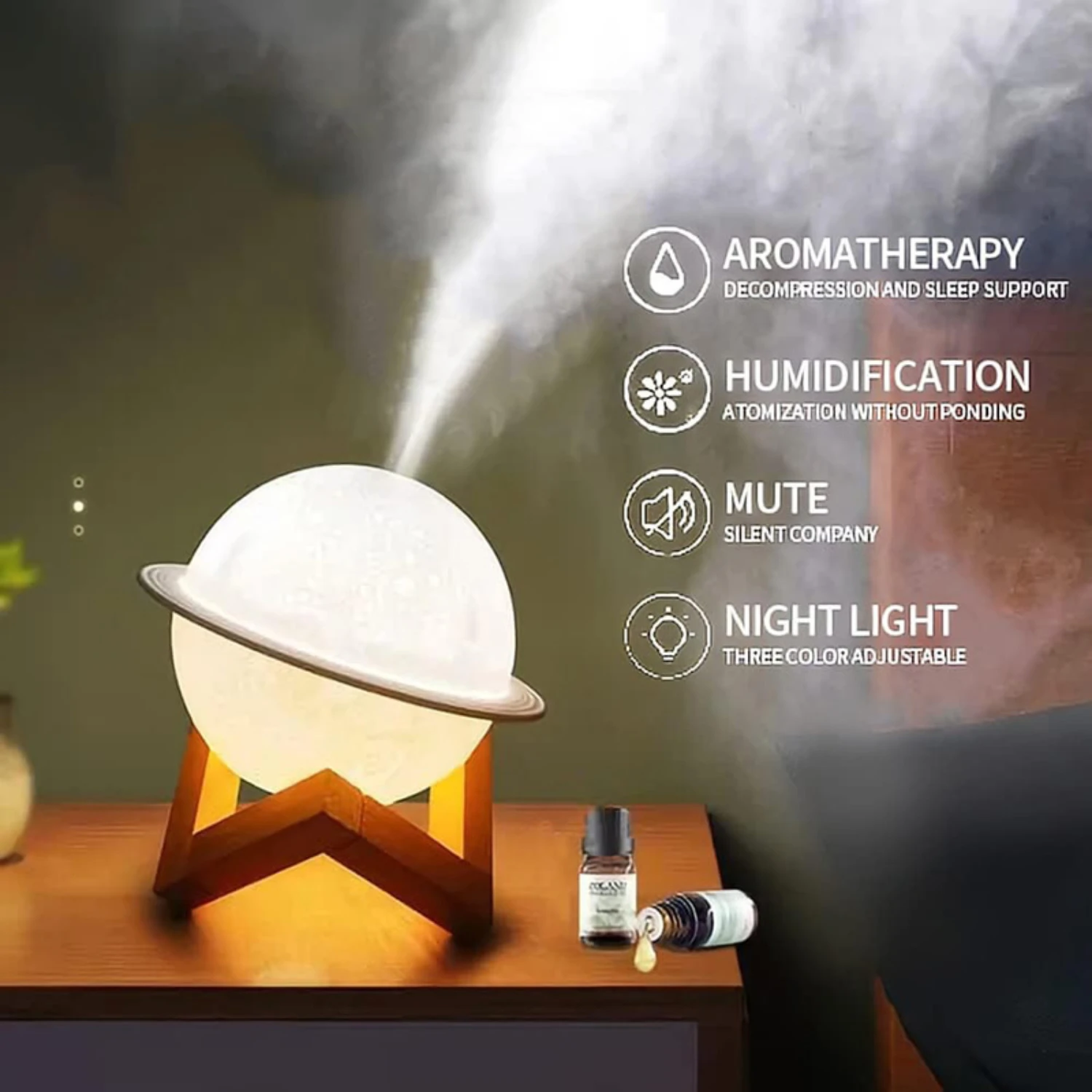 Relaxation Diffuser: Cool Mist 3D Mini Lunar Humidifiers Oil Diffuser with Ultrasonic Technology, 200ml Capacity, Ideal for Home