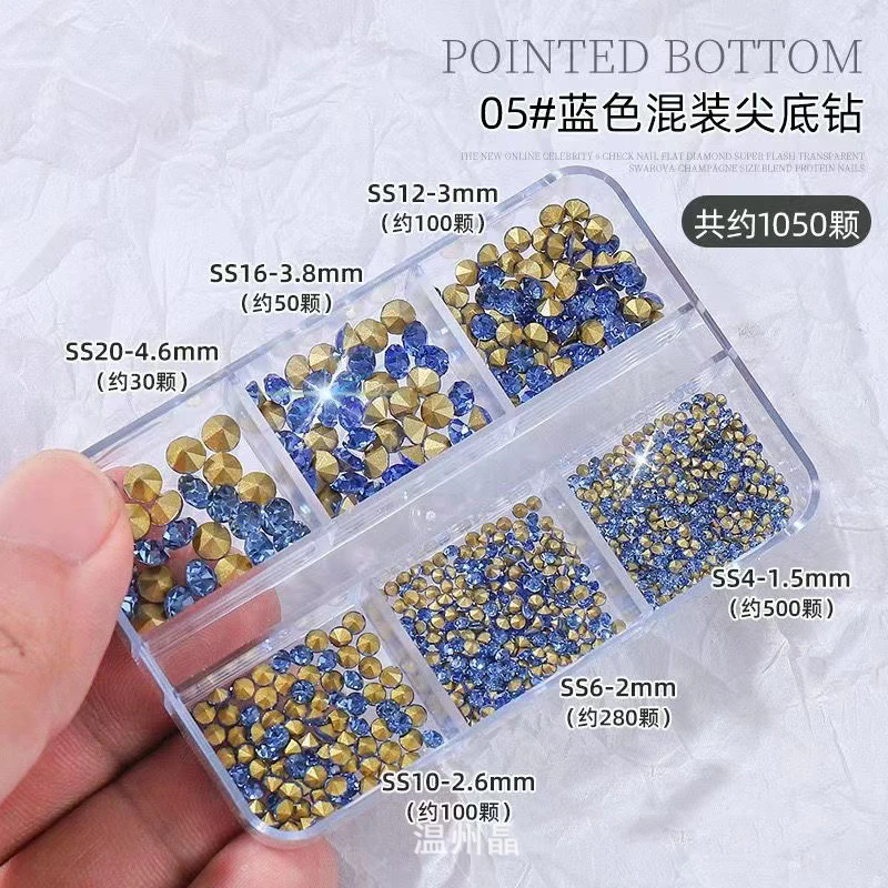 6Grids/Box Nail Art Rhinestone Mixed-Size Crystal 1000pcs Pointed Bottom Non Hotfix Nail Diamond Colorful Manicure Drill ZD*89