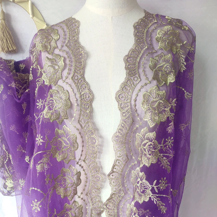 Bilateral Symmetrical Full-width Purple Mesh Embroidery Lace Fabric DIY Gold Thread Embroidery Flower Curtain Fabric