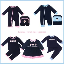 Baby Cotton Long Sleeve T-shirt Set Pajamas Round Neck Christmas Santa French Knot Boy Blue Top Clothes And Pants Girls Romper