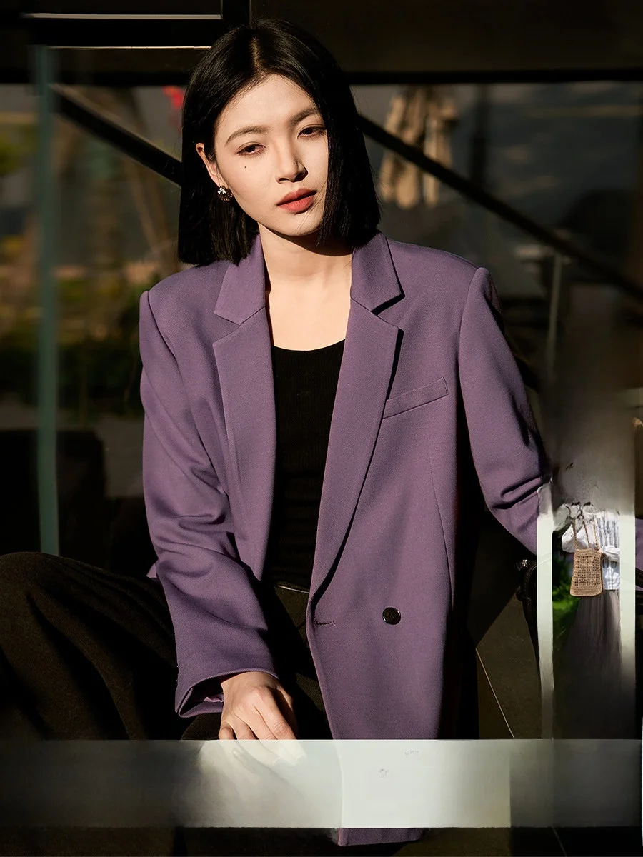 

Xhange Comfortable Silk Wool Suit Jacket Women's Spring 2026 Long Sleeve Button Detail Straight Cut Daily Wear Fashionable