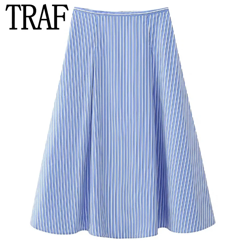 

TRAF Striped Blue Skirt Women's Skirt Spring Summer 2024 Mid Waist Long Skirt Korean Reviews Clothes Y2k Skirt Trending Fashion