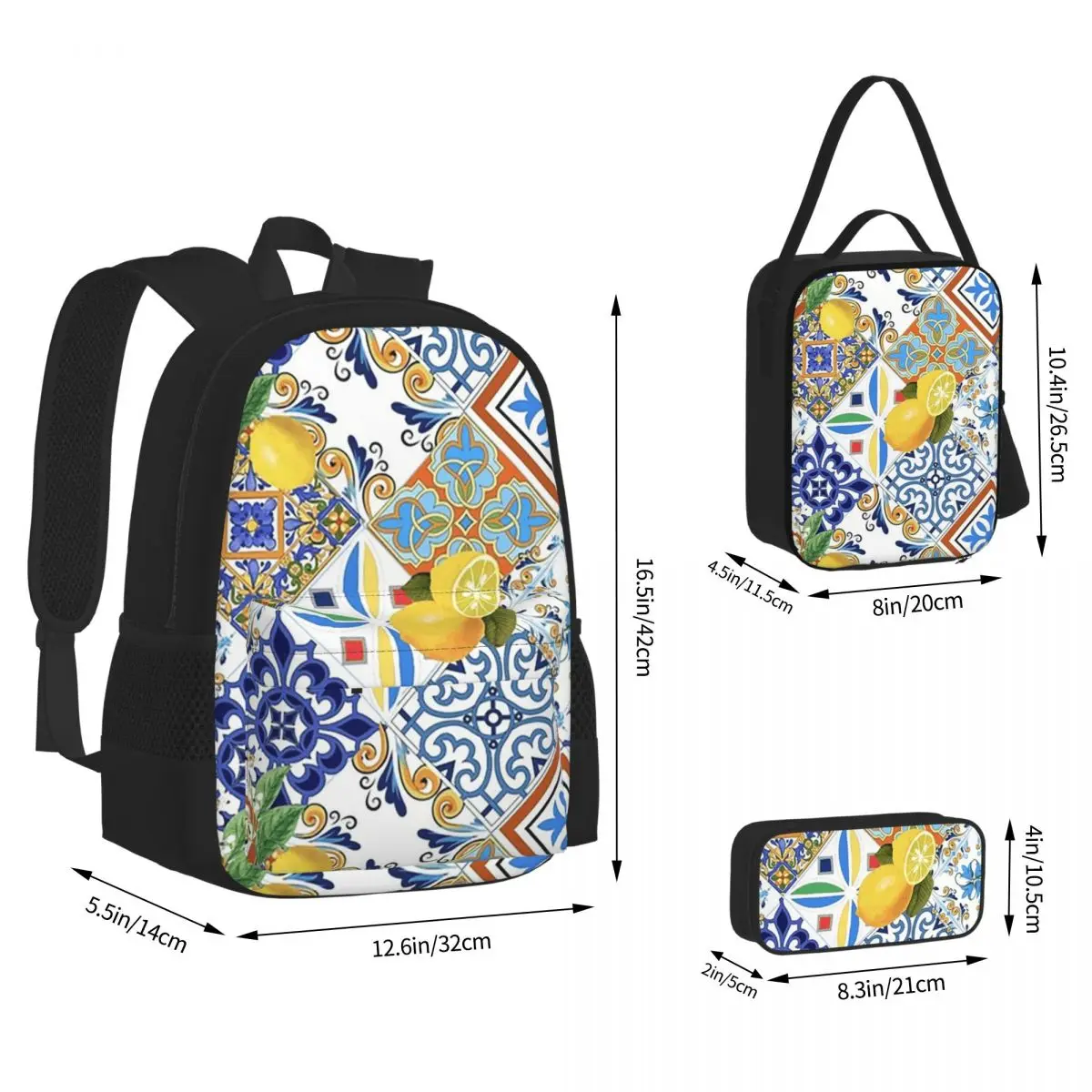 Mediterranean Tiles And Lemon Backpacks Students Bookbag School Bags Children Rucksack Lunch Bag Pen Bag Three-Piece Set
