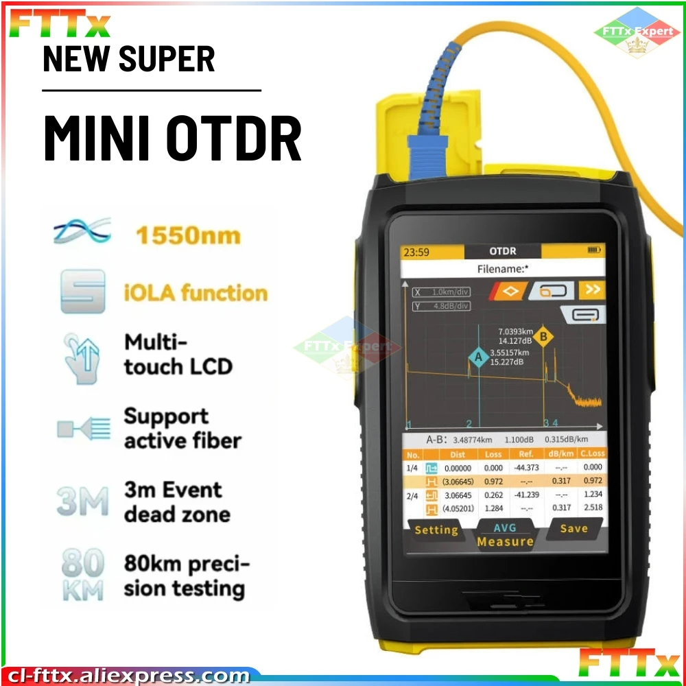 

MINi OTDR Active Fiber Live Test 1550nm 20dB Fiber Optic Reflectometer Touch Screen VFL OLS OPM FWT-100