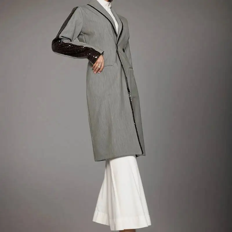 

HUISONG Fashion Sequined Contrast Color Patchwork Long Blazer Women's Lapel Loose Double Breasted Suit Jacket Spring Autumn New