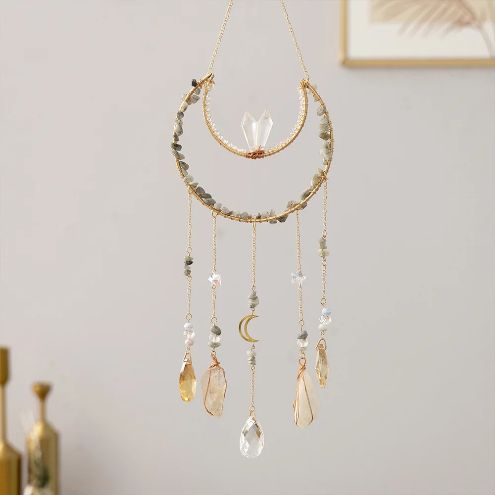 Natural Crystal Chips Moon Tree of Life Suncatcher Dreamcatcher Wind Chime Hanging Pendant Rainbow Maker Boho Room Wall Decor