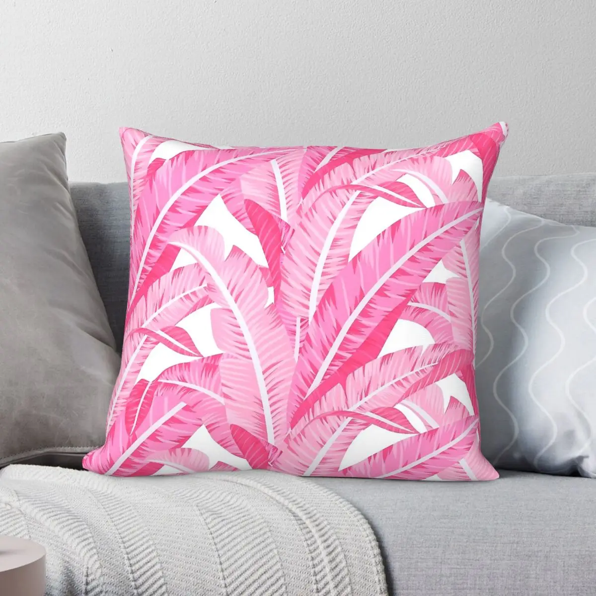 Pink Banana Leaves Tropical Square Pillowcase Polyester Linen Velvet Pattern Zip Decor Home Cushion Cover