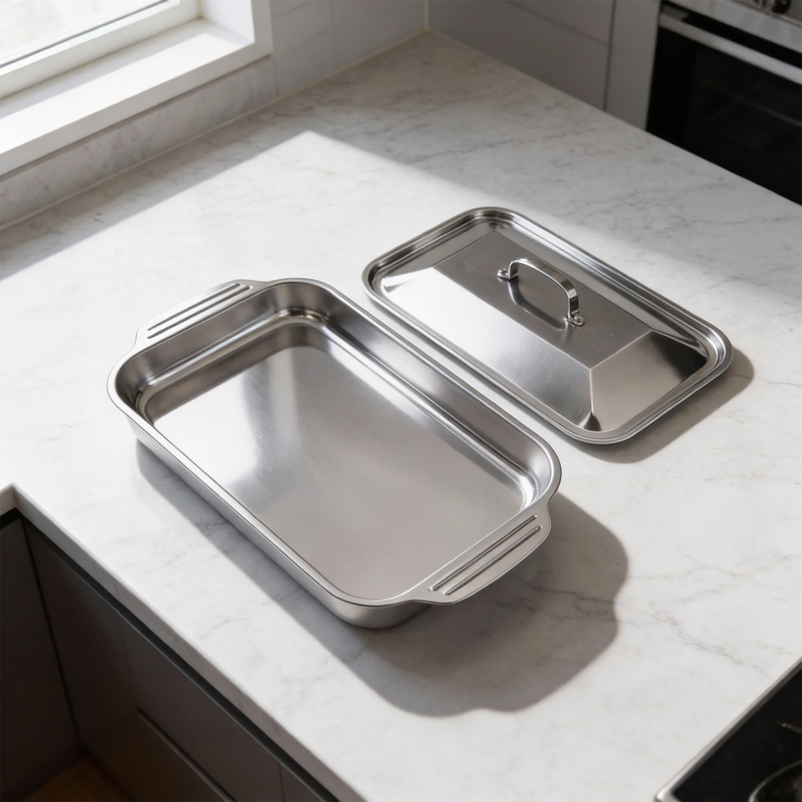 Stainless Steel Lasagna Pan 46x28x7.8cm with Dishwasher Safe Design and Nestable Structure for Space Saving Storage