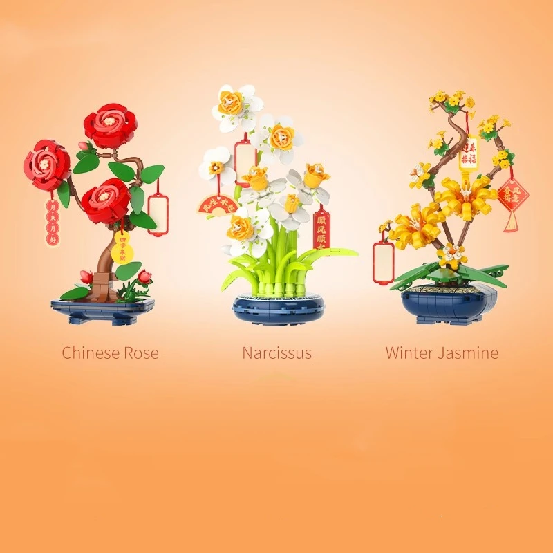 Flower potted building blocks simulated plant bonsai assembled model ornaments Chinese style New Year decoration toys gifts