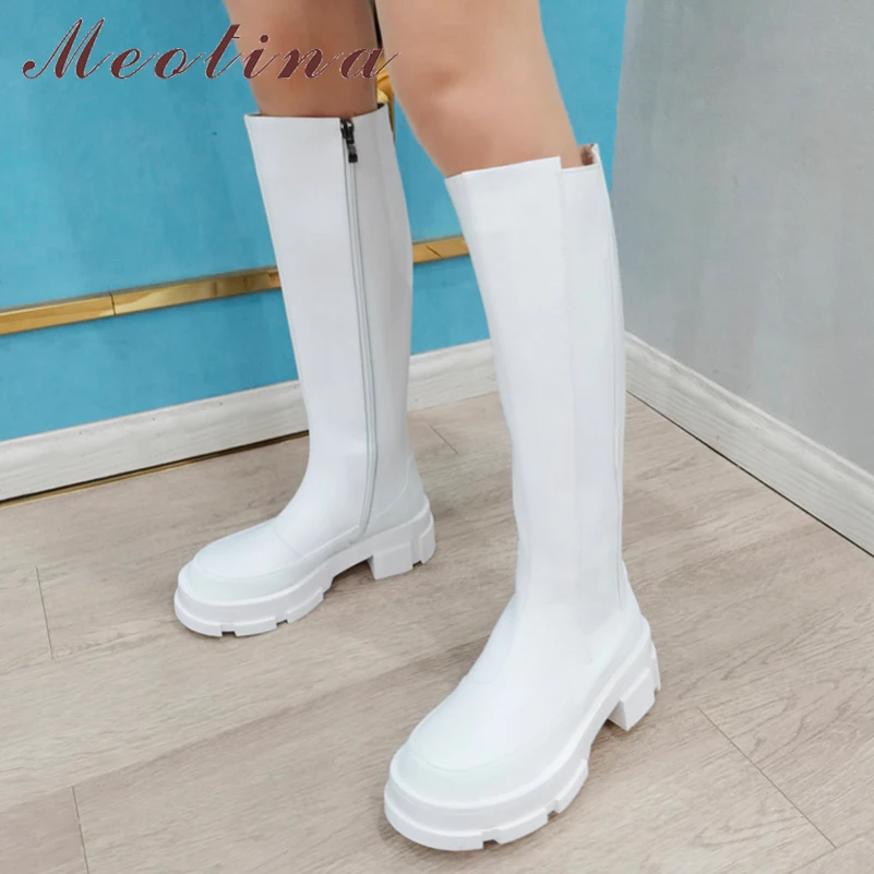 

Meotina Brand Design Women Genuine Leather Boots Knee High Boots Platform Thick Heel Riding Boots Zipper Autumn Winter White 42