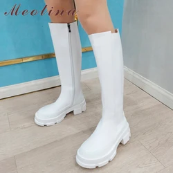 Meotina Brand Design Women Genuine Leather Boots Knee High Boots Platform Thick Heel Riding Boots Zipper Autumn Winter White 42