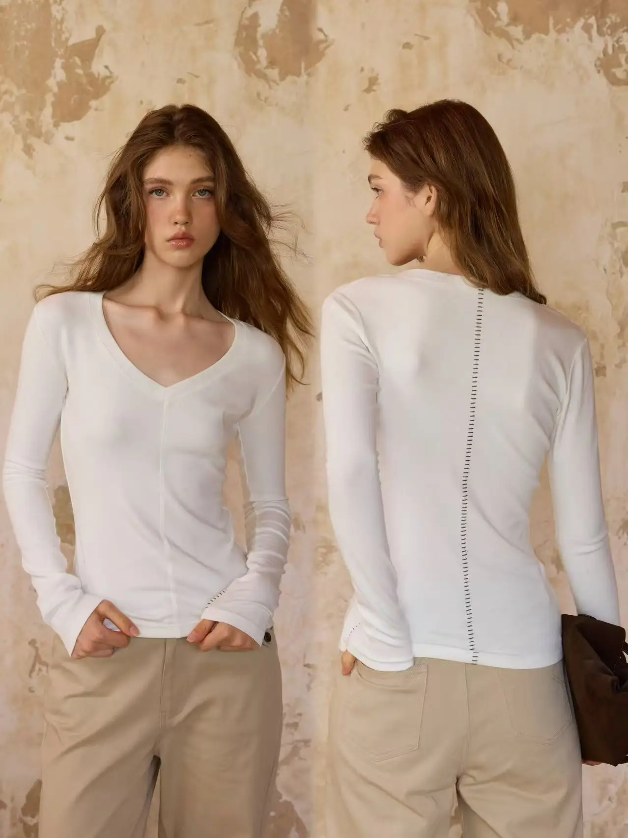 

Universal Comfortable Long Sve V-Ne Embroidered Velvet Feel Base Layer Top Women's Loose Fit Cotton Blend Elastic Fiber