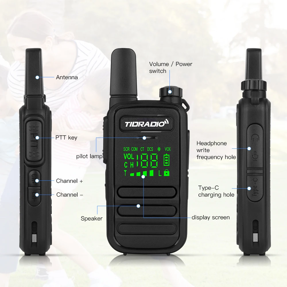 TIDRADIO 2 szt. TD-M11 Mini Walkie Talkie FRS daleki zasięg akumulator przenośne radio dla dzieci dwukierunkowe ładowarka typu C do podróży kempingowych