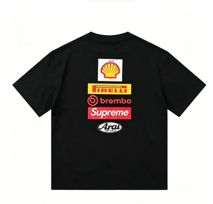 2026 new crew neck short sleeve tee, vertical stacked colorful sticker graphics on back, racing street casual style unisex loose