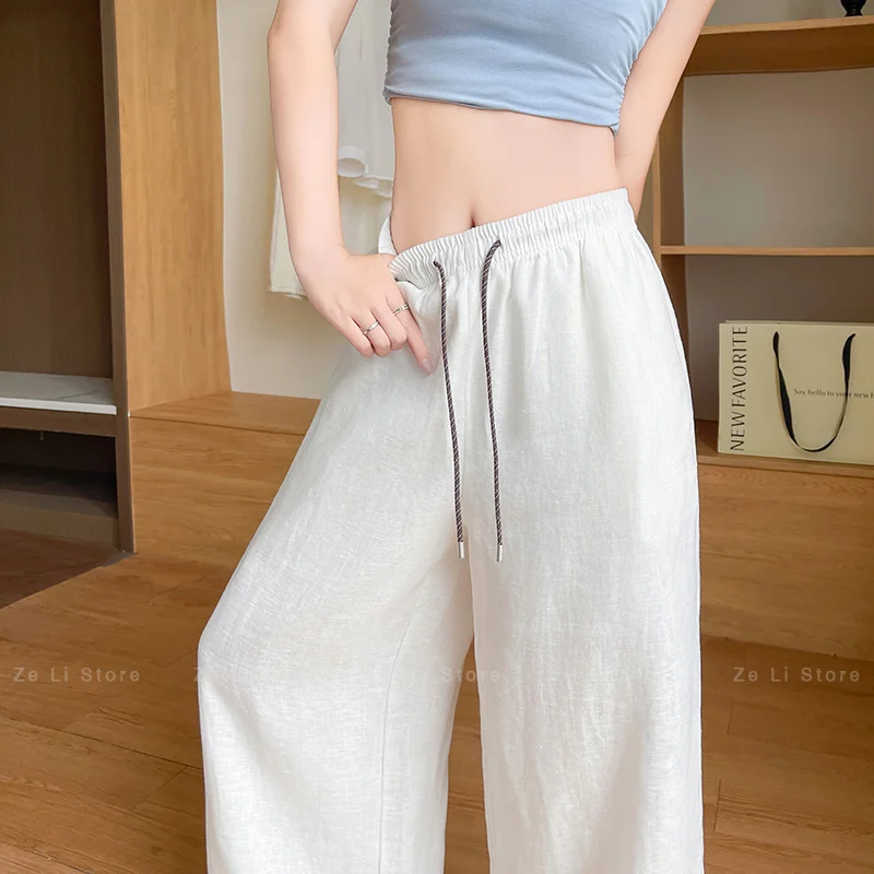 White Ice Silk Wide Leg Pants Women Summer Thin Loose Slimming Lazy Straight Tube Seng Quick Dry Sports Pants High Waist Elastic