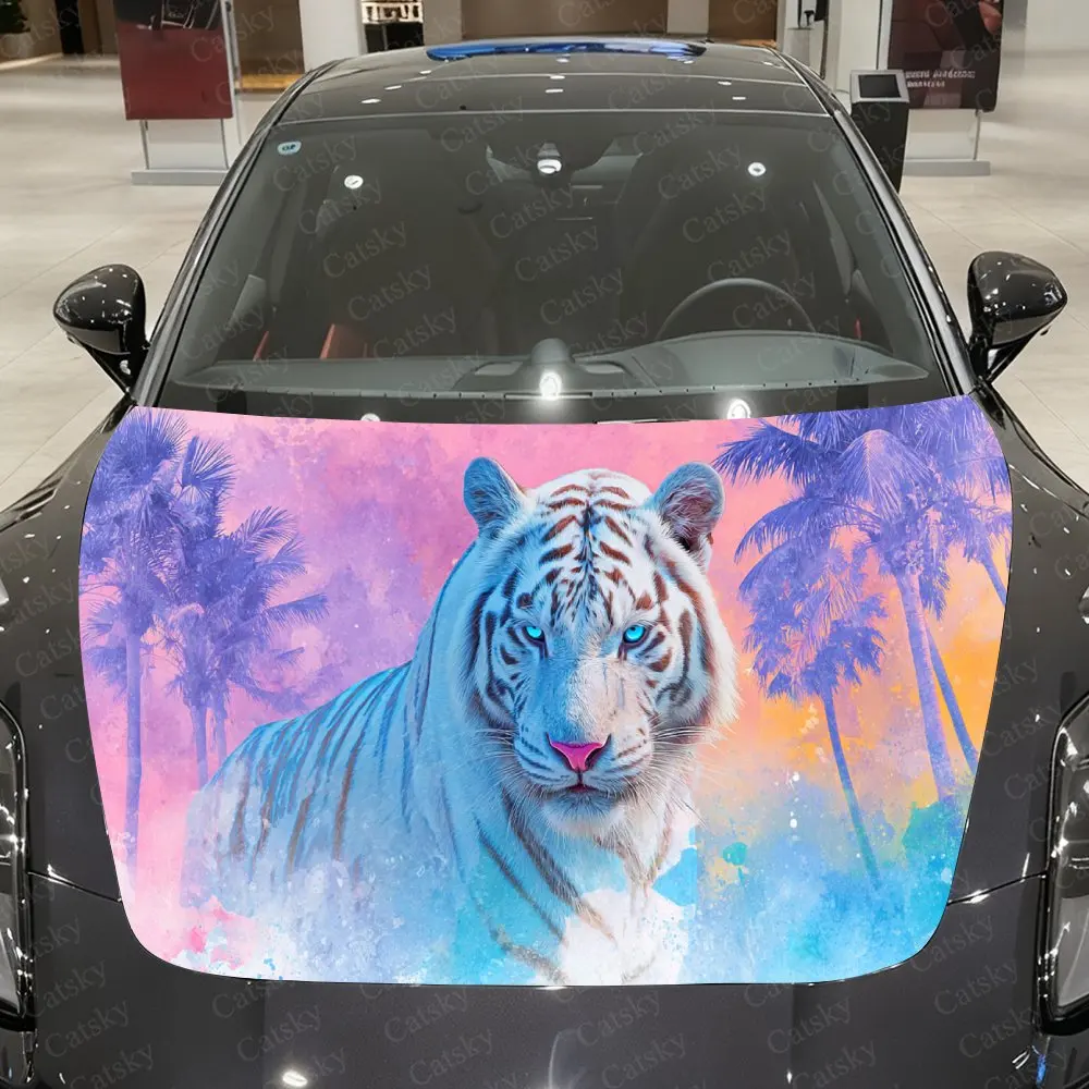 

Tropical White Tiger Car Vinyl Wrap, PVC Waterproof Car Hood Sticker, Self-Adhesive Scratch-Resistant Stickers