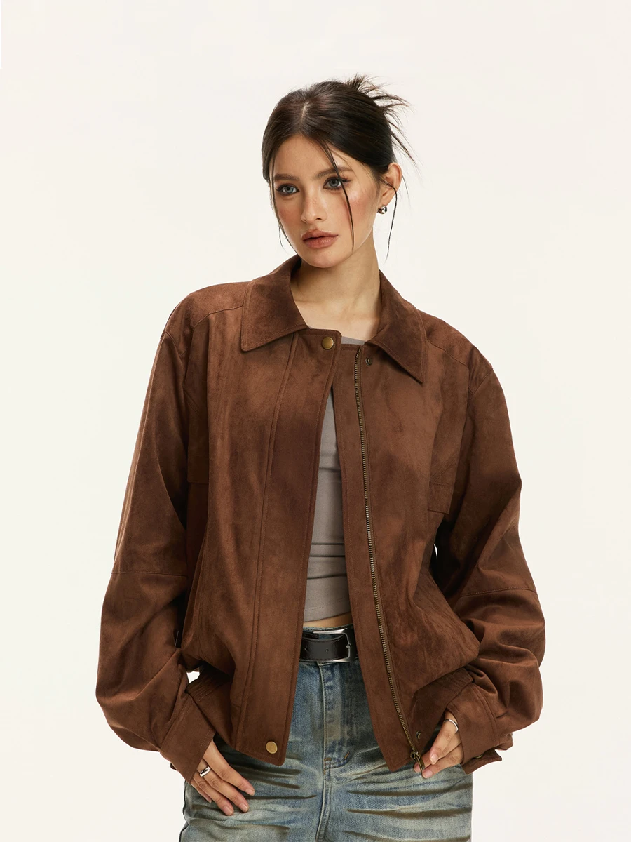 

Vone eeE American Retro Suede Jaet Collared Outerwear Women's Autumn Winter ort Loose Sexy Top Polyester Spandex