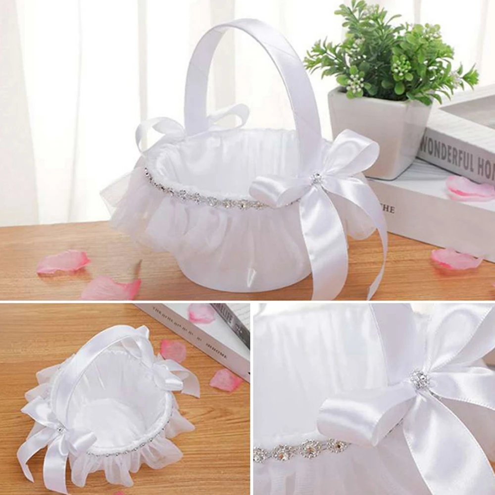 Wedding Baskets White Flower Girl Basket Bow-knot Lace with Rhinestone Decor Wedding Flower Basket Wedding Party Decorations