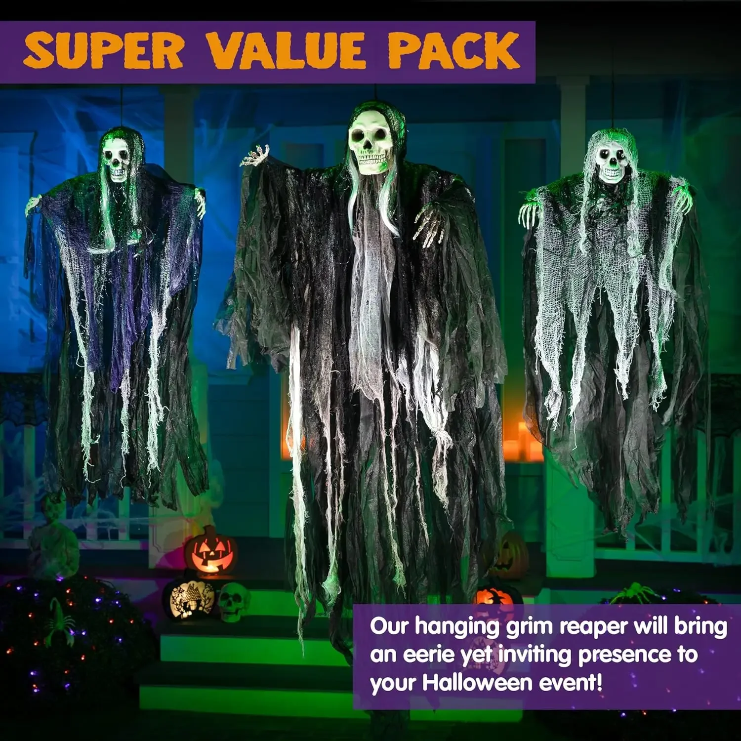 3 Pack Hanging Halloween SkeletonGhosts Decorations, Grim Reapers for Best Halloween Outdoor Decorations