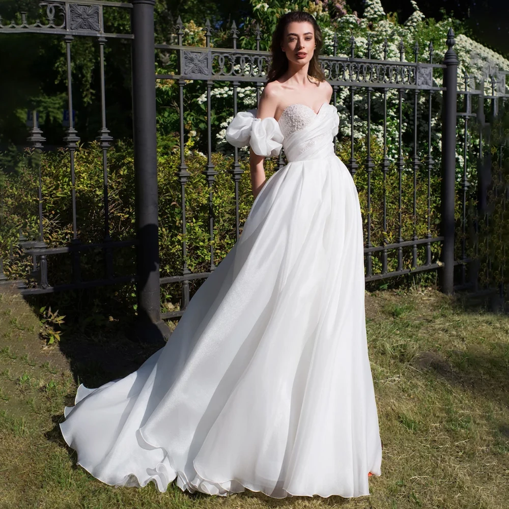 

Beach Wedding Dress Puff Sleeves Beading Sweetheart A Line 2024 Wedding Gowns for Women White Organza Satin Elegant Bridal Dress