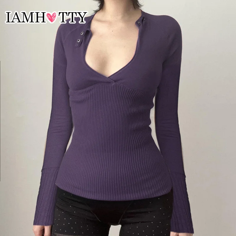 IAMHOTTY Deep V-neck Knitted Top Purple Red Solid Color Chic Elegant Slim-fit Long Sleeve T-shirts Casual Basic All-match Tees