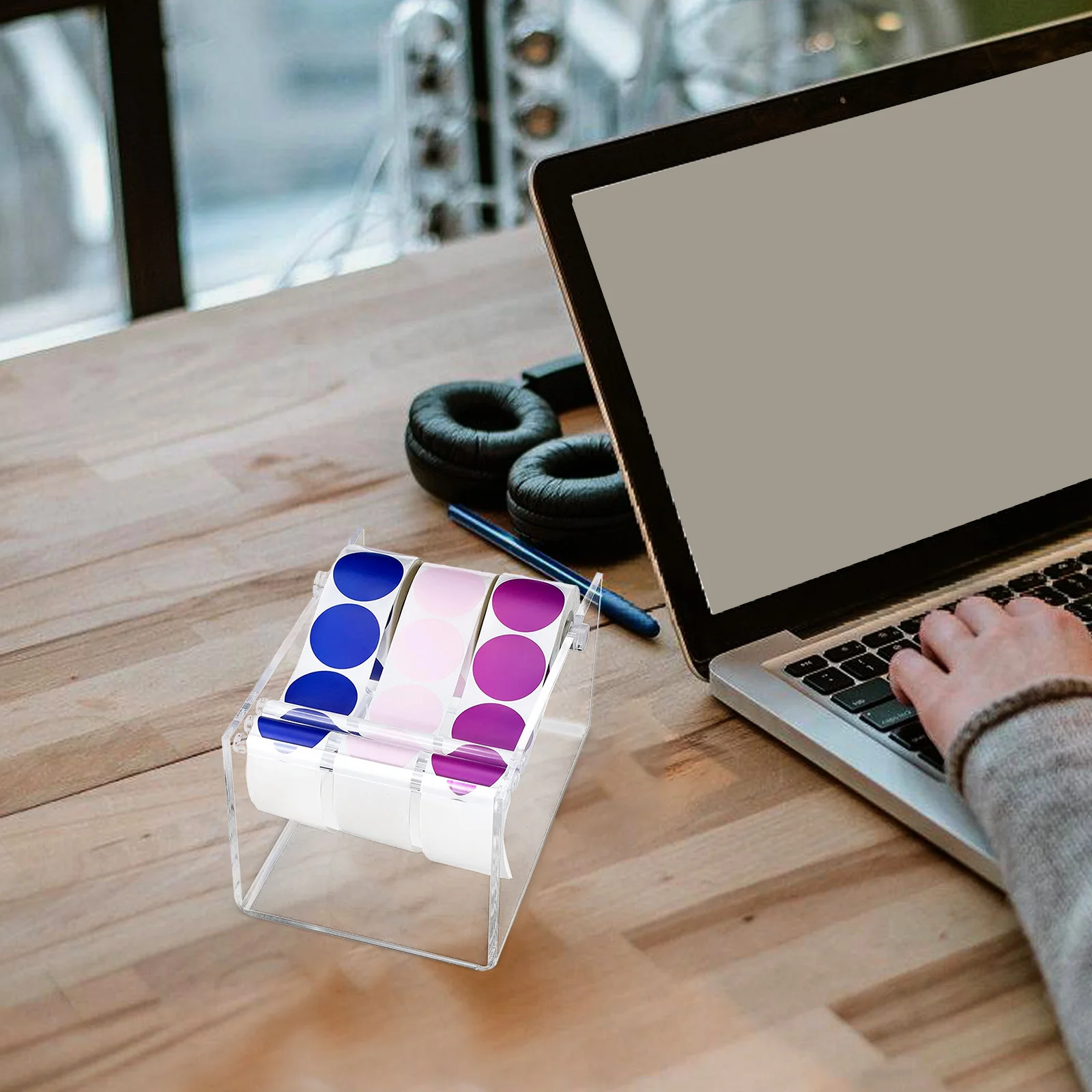 Label Dispenser Stand Adjustable Acrylic Desktop Organizer For Sticker Tape Rolls Multi-Roll Holder Office School Label