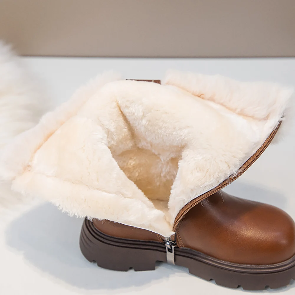 Winter Plush Boots For Girls PU Leather Faux Fur Teenager Girl's Snow Boots Calf Length Winter Long Boots For Girls Warm Shoes