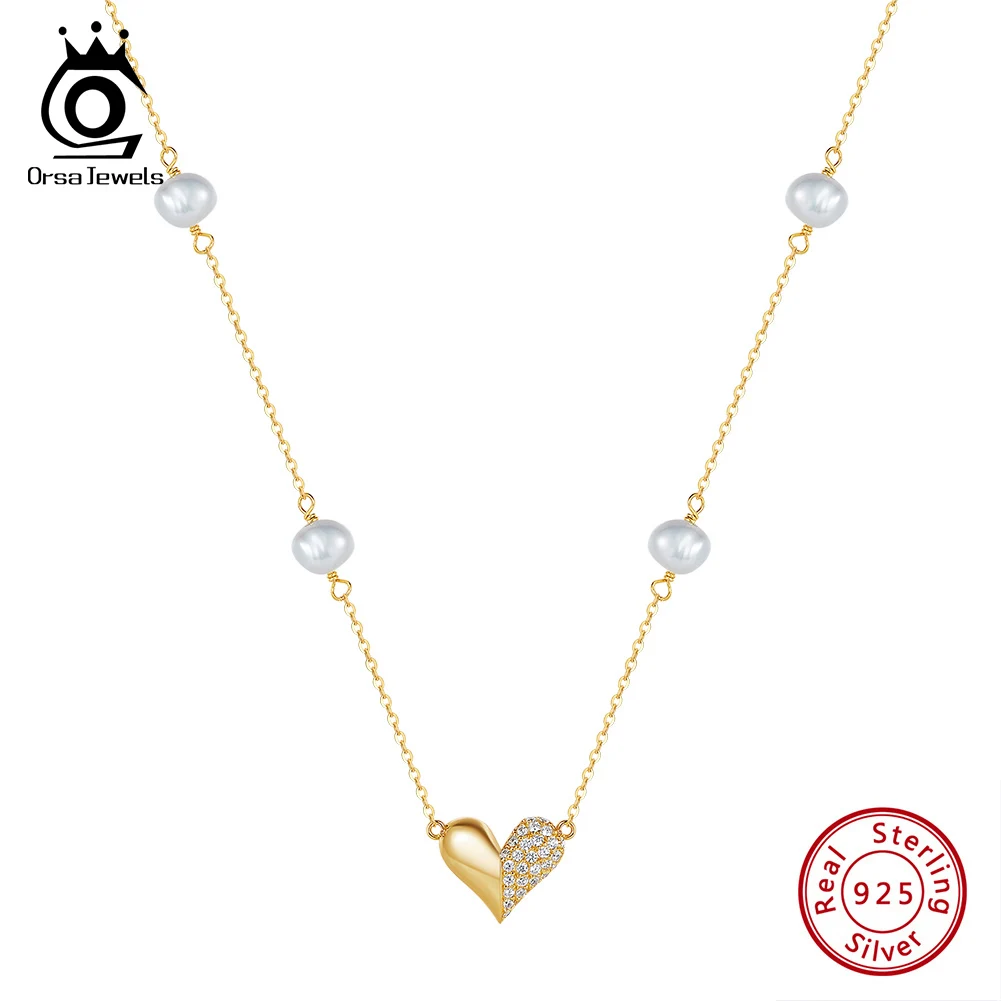 

ORSA JEWELS Real 925 Sterling Silver 5A CZ Chain Necklace with Heart Cut Pendant Freshwater Pearl for Women Jewelry GPN66