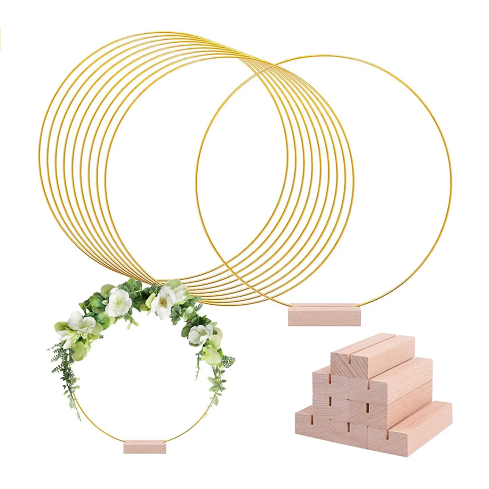 Paquete de 12 aros florales de Metal grandes de 12 pulgadas con 12 Uds. De soportes de lugar de madera, corona de macramé, anillo de aro dorado, decoración de mesa de boda DIY