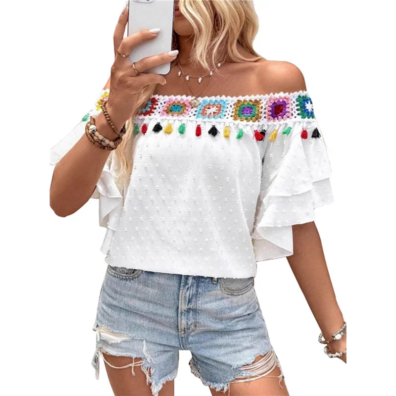 

A83F-Женские топы с открытыми плечами и цветочной вышивкой крючком с кисточками, винтажные летние многоярусные рубашки с рюшами и рукавами